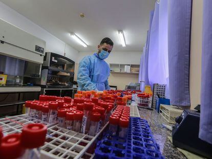 Un sanitario procesa pruebas de detección del coronavirus, el lunes en Gaza.