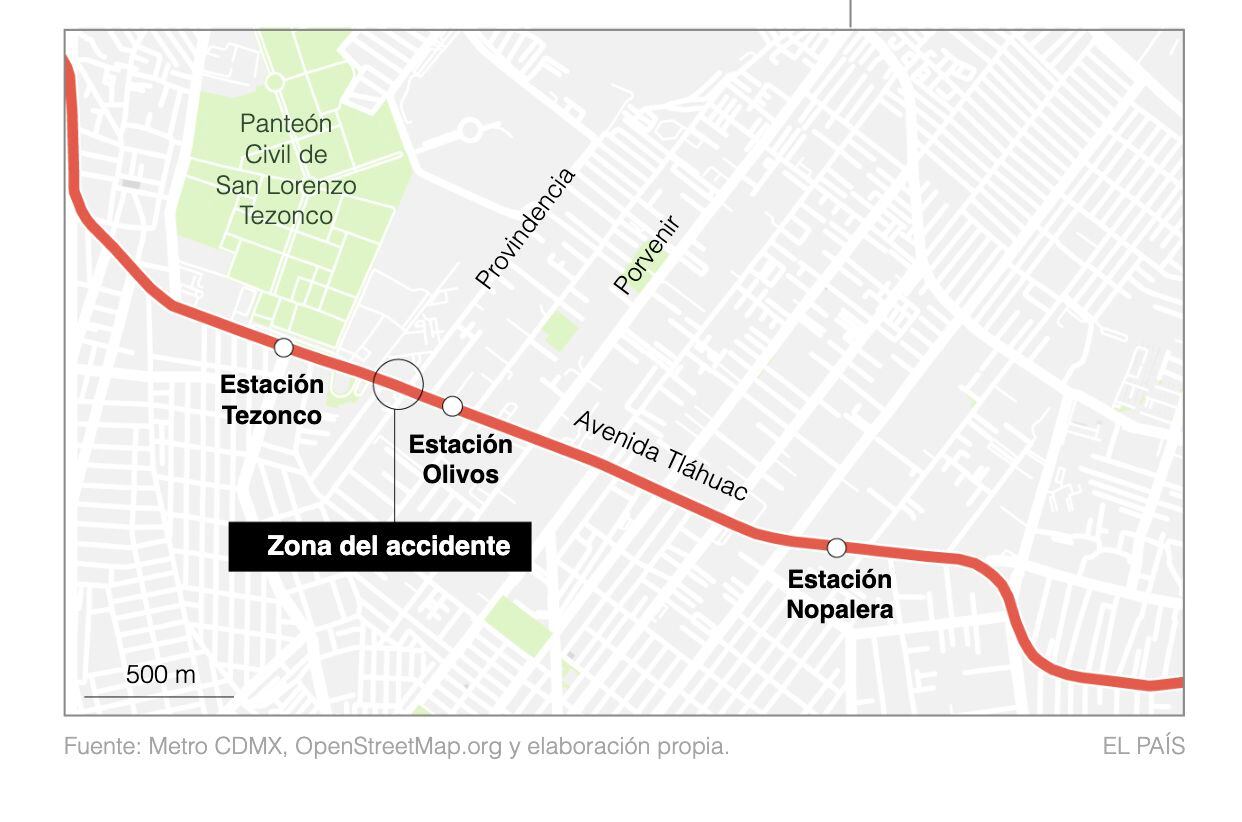 Mapa del tramo elevado de la Línea 12 del metro de Ciudad de México.