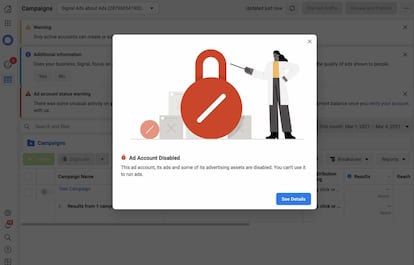 Pantallazo difundido por Signal en el que muestra que su cuenta en la herramienta de publicidad de Facebook fue cancelada.