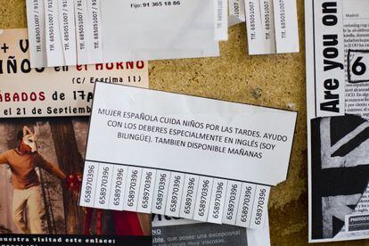 Anuncio para cuidar niños y dar clases de inglés, en Madrid.