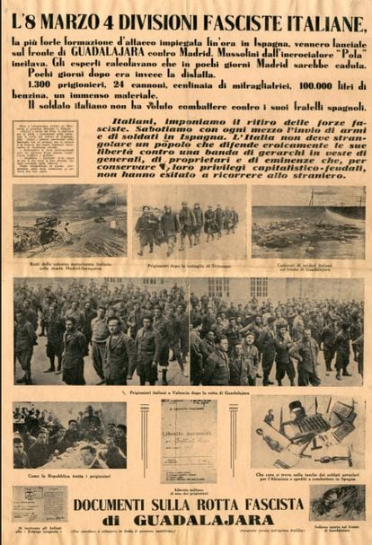 Cartel con fotografías de la destrucción de cuatro divisiones italianas en Guadalajara. 