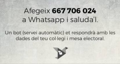 Informació amb el número de WhatsApp activat per consultar el col·legi electoral.