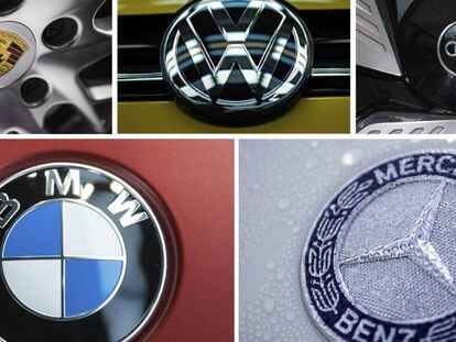 Los logos de los fabicantes de automóviles (i-d, arriba-abajo) Porsche, Volkswagen (VW), Audi, BMW y Mercedes.