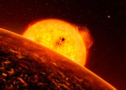 Ilustración de un cuerpo rocoso en órbita de una estrella diferente al Sol