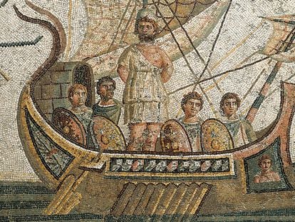 Mosaico romano en Túnez del año 260 d. C., con una escena sobre el mito de Ulises y las sirenas.