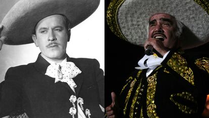 El actor y cantante Pedro Infante (izquierda) junto a Vicente Fernandez, a la derecha.