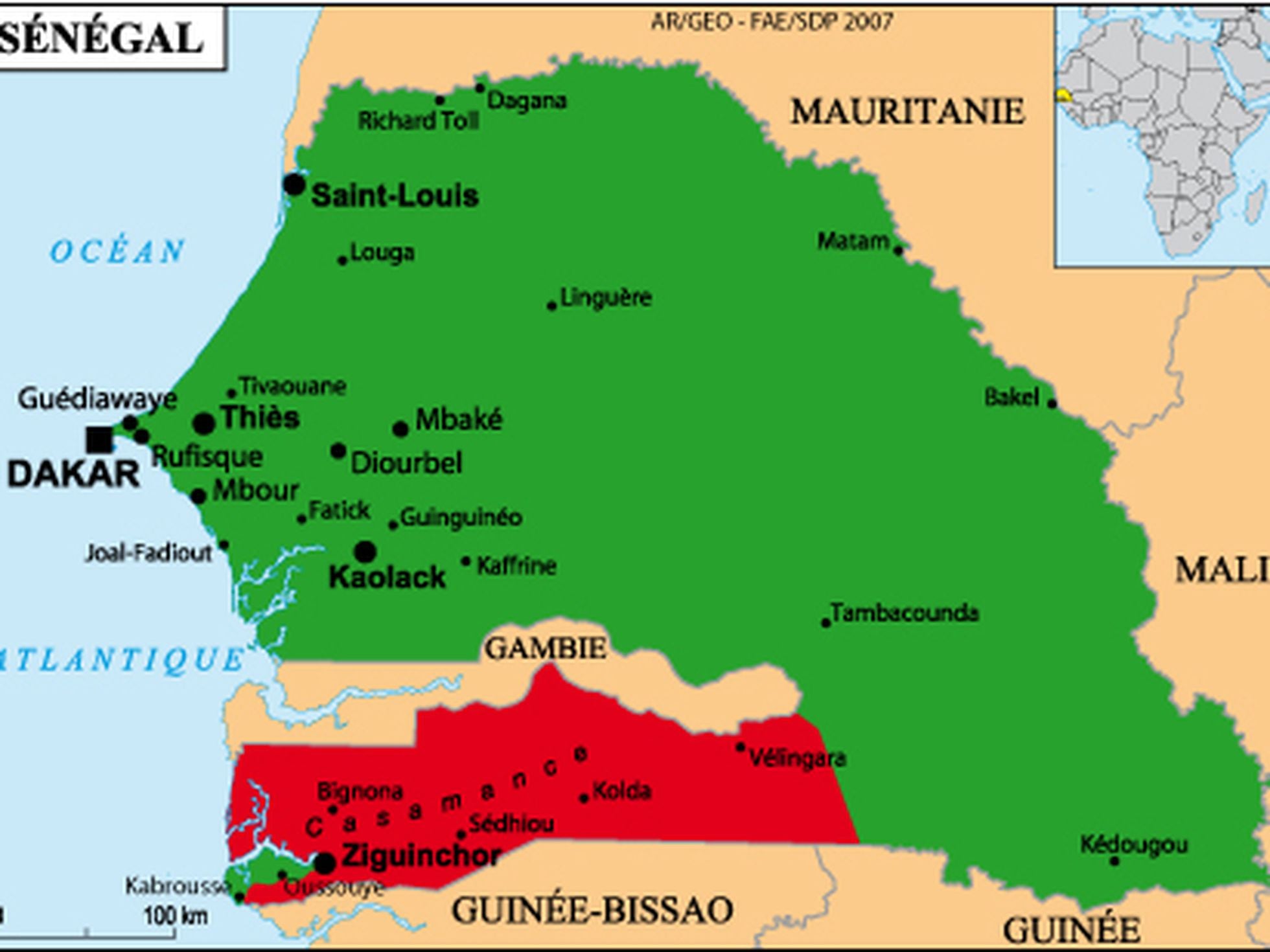 Mapa de la región senegalesa de Casamance (en rojo)