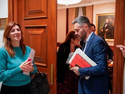 Carolina Telechea, de ERC, y Felipe Sicilia, del PSOE, antes de la reunión de la comisión de Justicia en el Congreso de los Diputados.