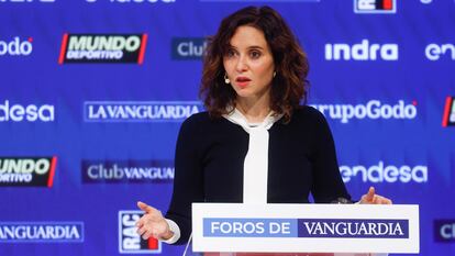 Isabel Díaz Ayuso interviene en un evento organizado por el diario La Vanguardia, este martes en Barcelona.