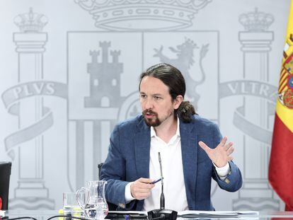 El vicepresidente y ministro de Derechos Sociales y Agenda 2030, Pablo Iglesias, durante la rueda de prensa posterior al Consejo de Ministros.
