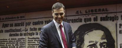 El l&iacute;der del PSOE, Pedro S&aacute;nchez, en la presentaci&oacute;n de su propuesta para un nuevo Estatuto de los Trabajadores.