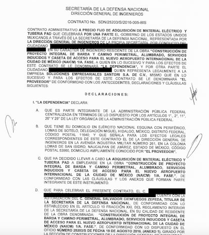 El contrato que firmó la Sedena con la empresa Soluciones Empresariales Santori durante la construcción del NAIM.