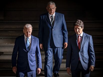 Biden, López Obrador y Trudeau, al termino de la Cumbre de América del Norte, en el Palacio Nacional de Ciudad de México, el 10 de enero de 2023.