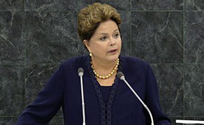 La presidenta de Brasil, Dilma Rousseff, durante su intervenci&oacute;n en la Asamblea General de Naciones Unidas.