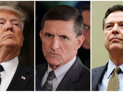 Combinaci&oacute;n de fotograf&iacute;as de Trump, Flynn y Comey