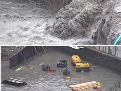 Arriba, el agua se desborda tras la rotura de un dique. La zona quedó como se ve en la imagen de abajo.