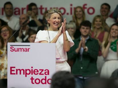 La vicepresidenta segunda del Gobierno, Yolanda Díaz, durante la presentación este domingo de su candidatura de Sumar.