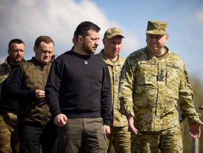 Ukrainian President Volodymyr Zelenskiy on a visit to the front lines in April.