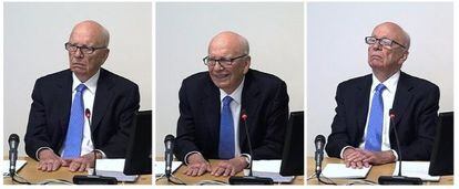 Tres capturas del vídeo de la comparecencia de Rupert Murdoch.
