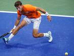 Pablo Carreno Busta, of Spain, returns to Denis Shapovalov, of Canada, during the quarterfinal round of the US Open tennis championships, Tuesday, Sept. 8, 2020, in New York. (AP Photo/Frank Franklin II)