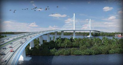 Sacyr se adjudicó la construcción y gestión de la autopista Mar 1 de 176 kilómetros y una inversión prevista de 900 millones de euros, y la de la autopista Pasto-Rumichaca con una inversión prevista de 970 millones de euros. En la imagen, el puente Pumarejo de tipo atirantado sobre el río Magdalena en Barranquilla. Será el puente más largo de Colombia 2,28 km y la mayor obra pública del país, por 223 millones de euros, que también construye la firma española.
