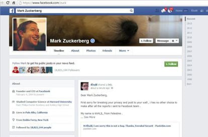 Mensaje de Khalil Shreateh en el perfil de Mark Zuckerberg.