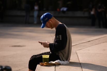 Un joven extranjero utiliza su telefono en un parque de Ciudad de México.