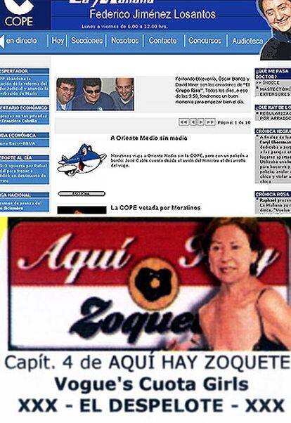 Arriba página del programa <i>La Mañana,</i> donde se puede ver el logotipo del <i>Grupo Risa<i>; abajo la presentación del montaje de las ministras desnudas.