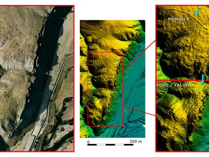 Foto aérea e imagen LiDAR, donde se aprecian diferentes estructuras, entre ellas, el sistema defensivo de ambos cerros.