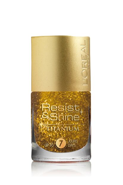 Un otoño con el Rey Midas

	La firma francesa apuesta por este color festivo. El dorado combinado con negro es infalible. Laca de uñas Resist&Shine Titanium de L'Oréal París. Precio: 10,39€.