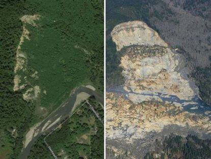 La localidad de Oso (Washington) antes y despu&eacute;s del depredimiento de tierra. 