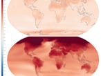 Proyección sobre el aumento de las temperaturas medias en el planeta con un calentamiento global de 1,5 grados (arriba) y un calentamiento de 4 grados (abajo).