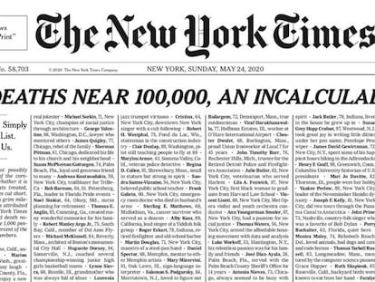 Primera página de 'The New York Times' del domingo 24 de mayo de 2020.