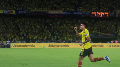 Luis Díaz, de Colombia, celebra su gol en el partido contra Brasil, el pasado 17 de noviembre, en Barranquilla.