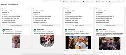 Anuncios contratados a favor de Adán Augusto en los sitios web de Meta.