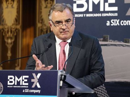 Javier Hernani, consejero delegado de BME, durante la presentación del balance anual en la Bolsa de Madrid.