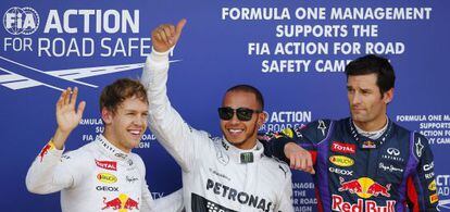 Hamilton celerba la 'pole', junto a Vettel y Webber