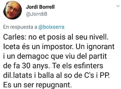 Tuit publicado por el profesor Jordi Borrell con insultos a Miquel Iceta.