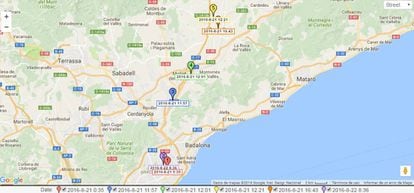 Mapa elaborado por los dos ingenieros españoles que muestra los lugares exactos en los que estuvo un usuario de Tinder a lo largo de un día.