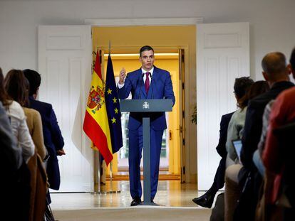 Pedro Sánchez, durante la rueda de prensa desde el Palacio de la Moncloa este miércoles.