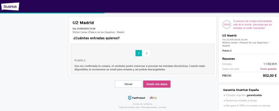 Captura de pantalla del momento de compra de entradas para el concierto de U2 en Madrid el 21 de septiembre por un importe de 952 euros en la web stubhub.es.