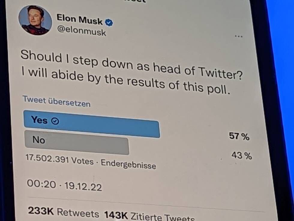 Imagen de la encuesta donde los usuarios instan a Elon Musk a abandonar como CEO de Twitter.