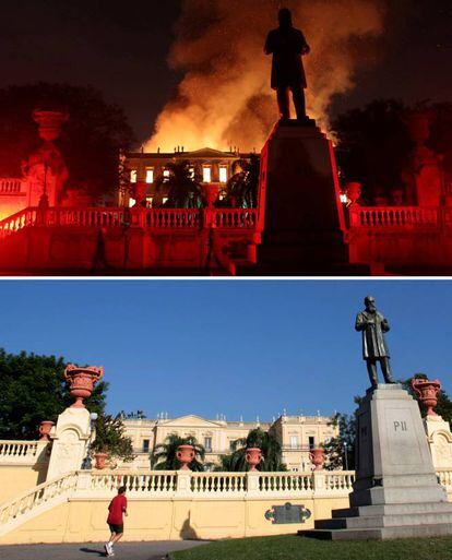 En la imagen superior, bomberos tratan de apagar el incendio en el Museo Nacional de Brasil, el 2 de septiembre de 2018. En la imagen inferior, un hombre hace ejercicio frente al Museo Nacional de Brasil, el 9 de mayo de 2013.