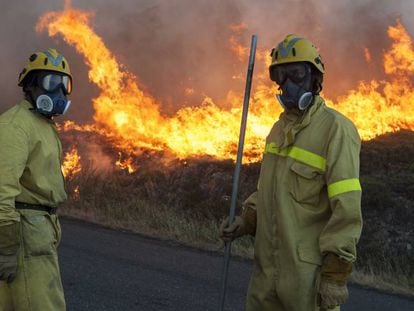 Dos personas durante las labores contra el incendio forestal declarado en Avi&oacute;n (Ourense).