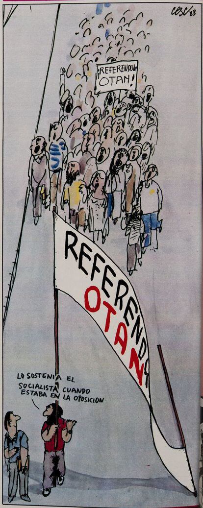'El Jueves', número 318 en el que aborda la entrada de España en la OTAN, en 1983.Dibujo de Cesc