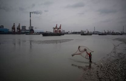 Un hombre pesca con una red en el río Huangpu que atraviesa la central eléctrica de carbón y electricidad de Wujing, en Shanghai (China).