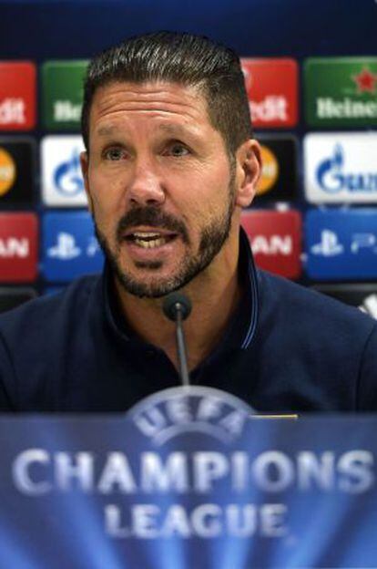 Simeone, el la rueda de prensa previa al Atlético-Olympiakos.