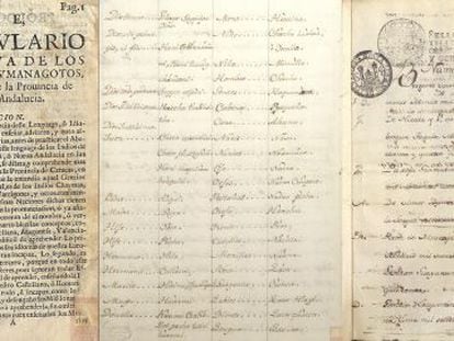 Páginas de algunos de los vocabularios del siglo XVIII reconocidos por la UNESCO.