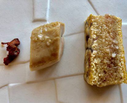 DE DERECHA A IZQUIERDA, HUEVA DE GRANO DE PEZ SANPEDRO, HUEVA DE LECHE DE PEZ LIMÓN, E HÍGADO DE SALMONETE FRITO / CAPEL