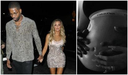 Tristan Thompson y Khloé Kardashian y, a la derecha, la foto publicada en Instagram con la que han hecho oficial el embarazo.